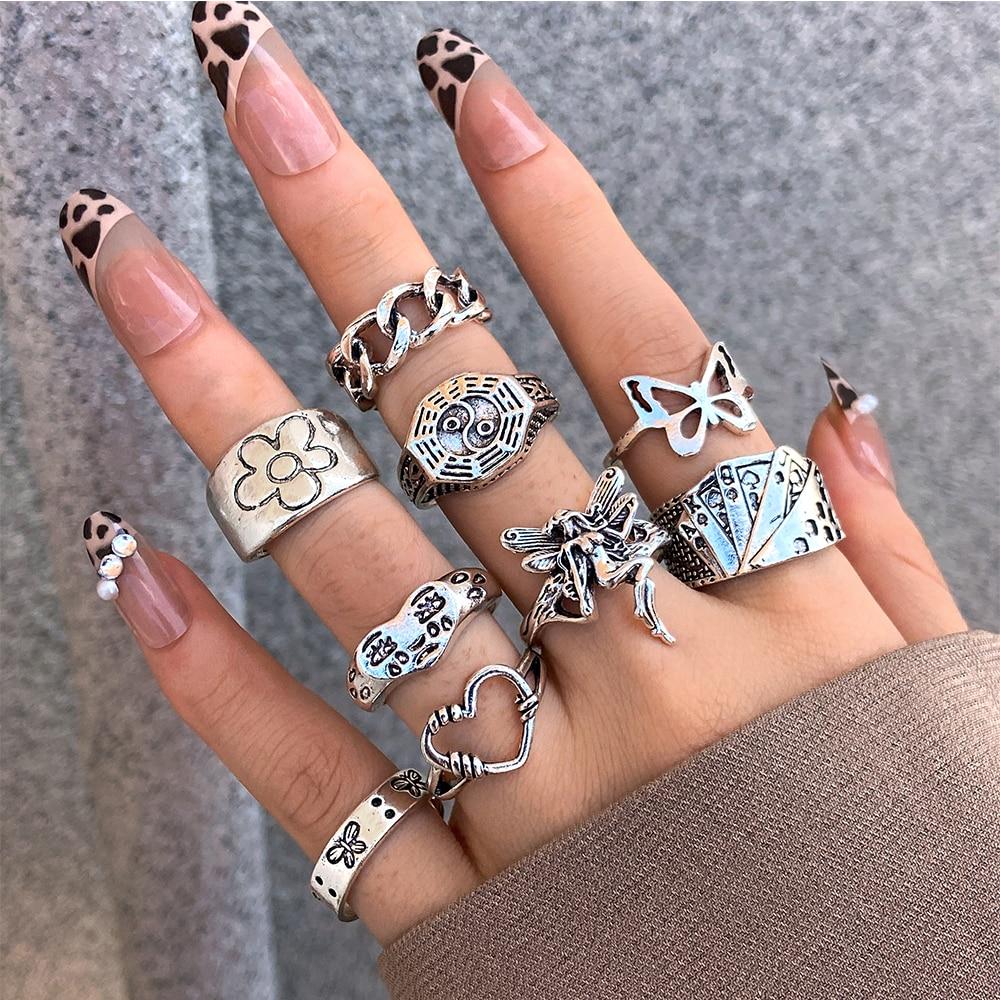 6pcs Vintage Gothic Butterfly Angle Flower Multi Element Ring Set For Women Men Retro Personality Finger Ring Gifts