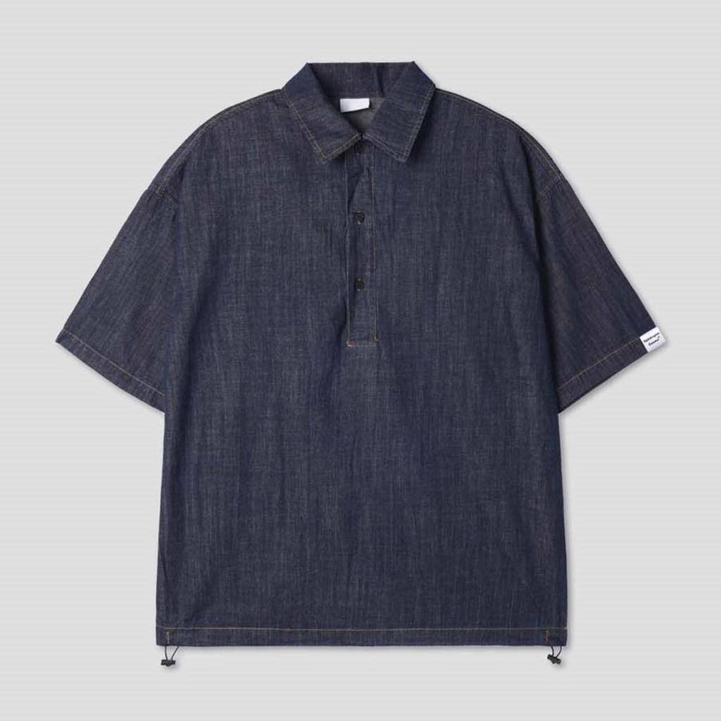 APOSTROPHE COMMA Sleeve Label Linen Denim Short Sleeve Shirt_Dark Blue