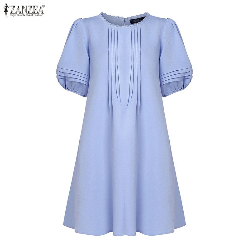 ZANZEA Women Casual Round Neck Summer Short Sleeve Dress