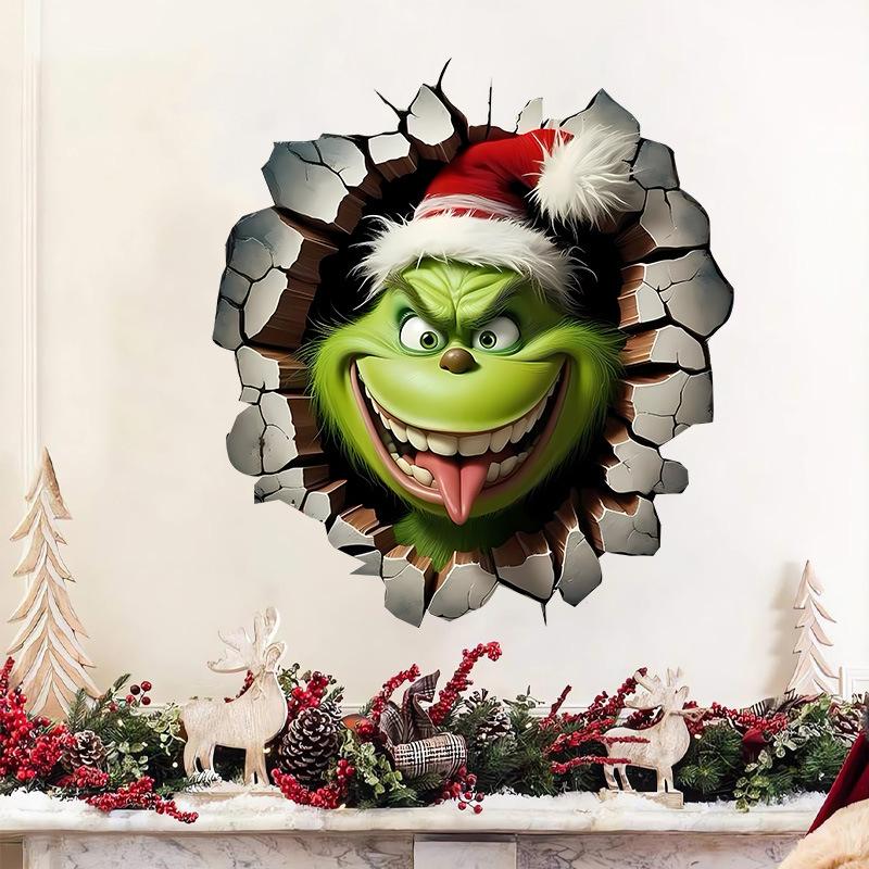 Christmas broken wall living room wall decoration home sticker self-adhesive Grinch cartoon green hair monster window sticker
