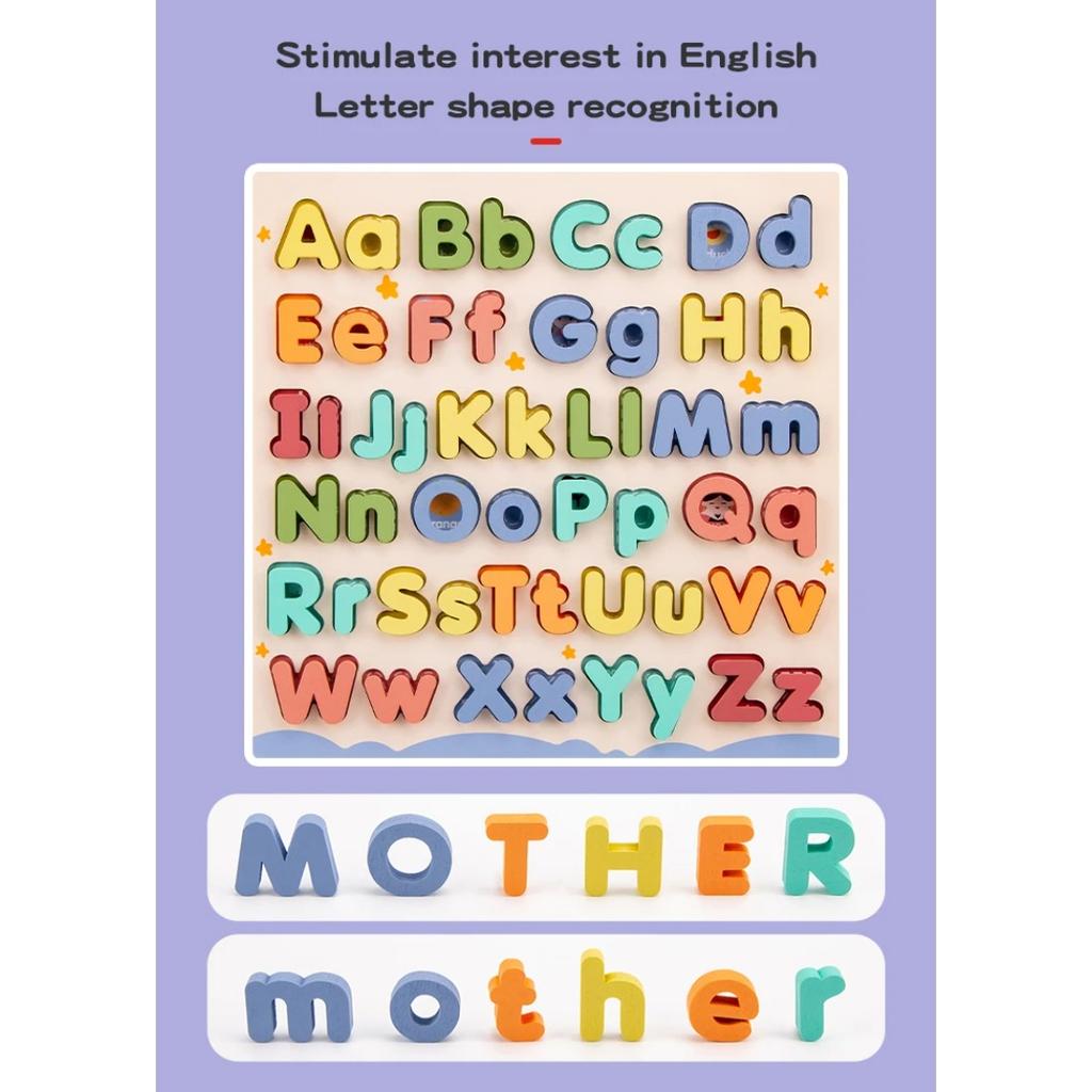 Dřevěné Vzdělávací Abc Puzzle Velká a Malá Písmena pro Dárky k Narozeninám Chlapci Dívky Rodinná Hra Děti Předškoláci