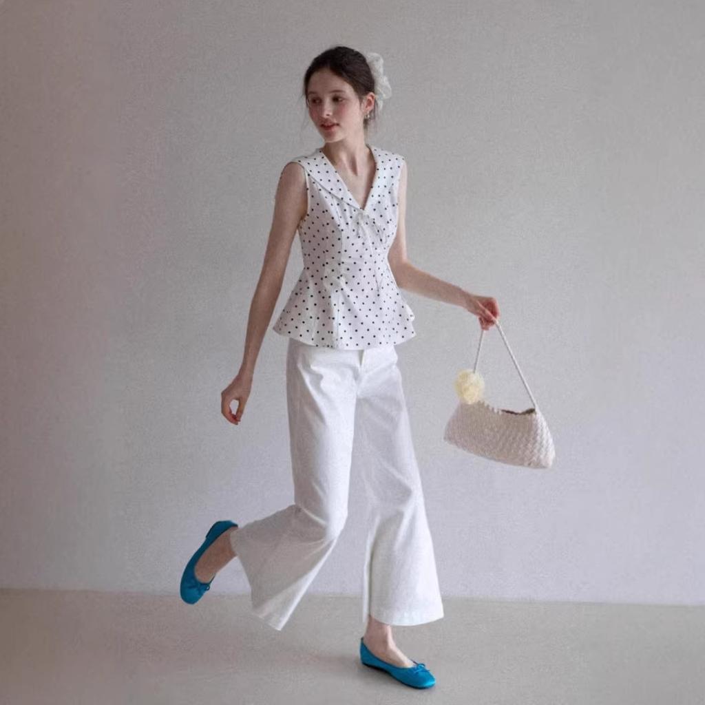 Navy Collar Polka Dot Slim-fitting Shirt, Vest, Women's Summer Korean Sweet Temperament Slim Sleeveless Top