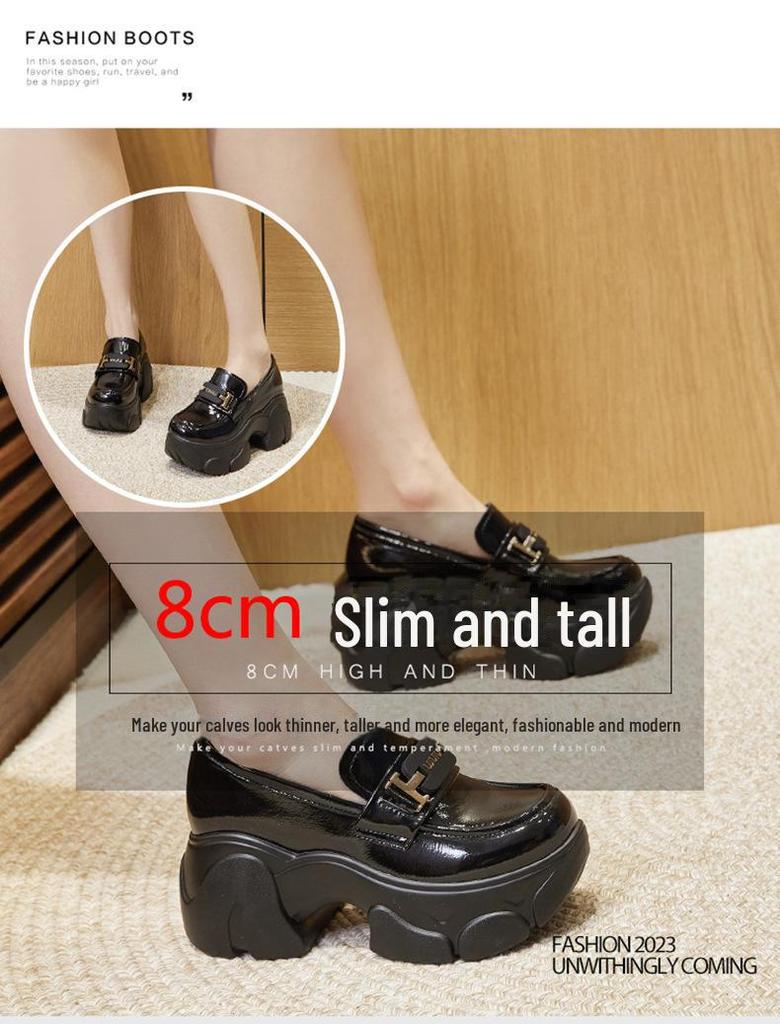 Schwarze britische Loafer für Damen im Frühjahr 2024 – Slip-On-Schuhe mit dicker Sohle und erhöhter Innenhöhe