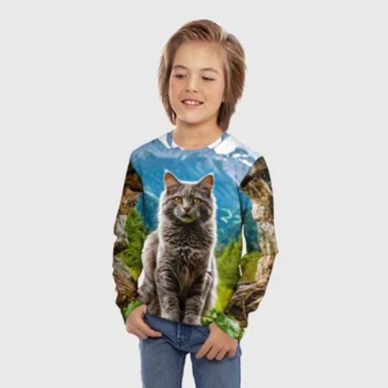 T-Shirts Boys Children's Cartoon Tiger Cat Print Cute Long Sleeved Soft Comfortable Top