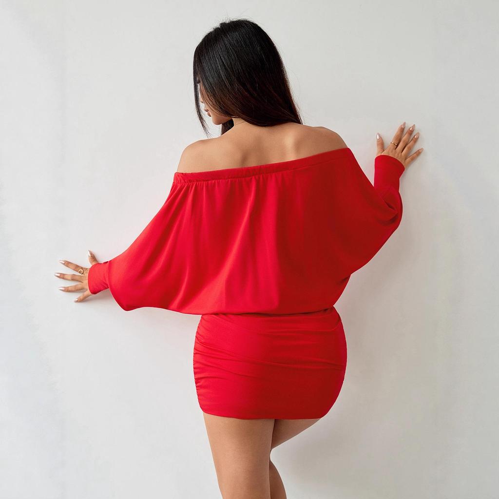 2026 Fall/Winter European & American Style One-Shoulder Batwing Sleeve Sexy Hip-Hugging Skirt