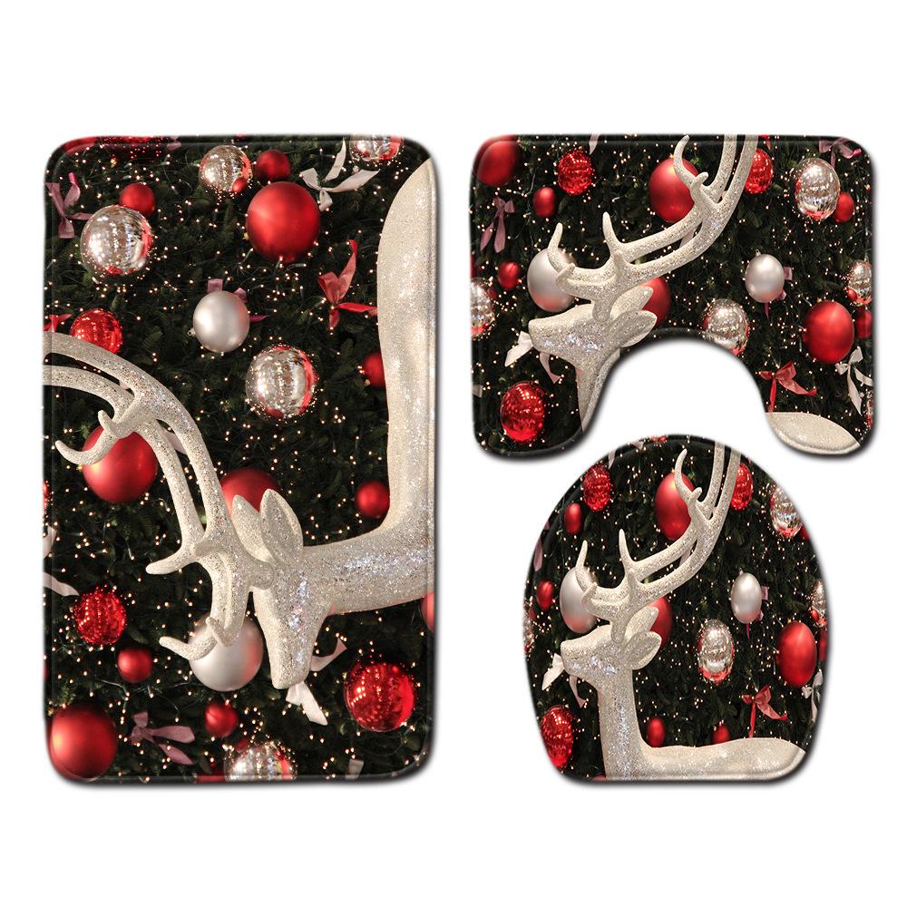 Christmas Shower Curtain Floor Mat Combination Four-Piece Set Bathroom Toilet Carpet Shower Room Mat Foot Mat