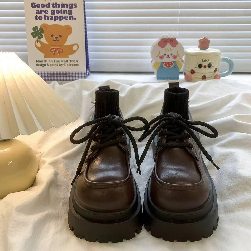 Retro Thick Bottom with Skirt Single Shoes Female Tide with Lace-up Small Leather Shoes Female Spring and Fall Fashion Women Summer Breathable Shoes