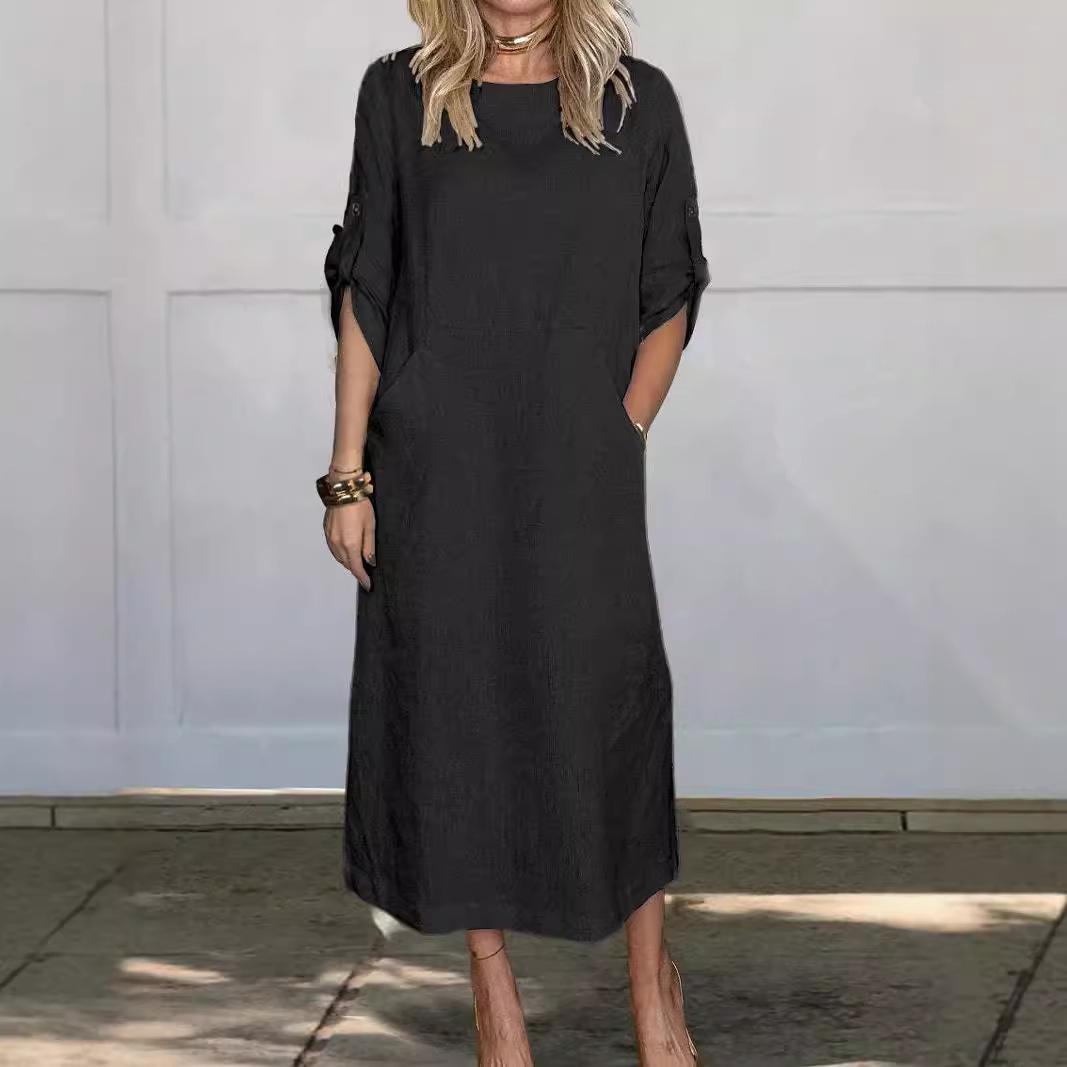 

2026 Fall/Winter Women s Cotton Linen Solid Color Casual Round Neck Long Dress with Double Side Pockets S чёрный