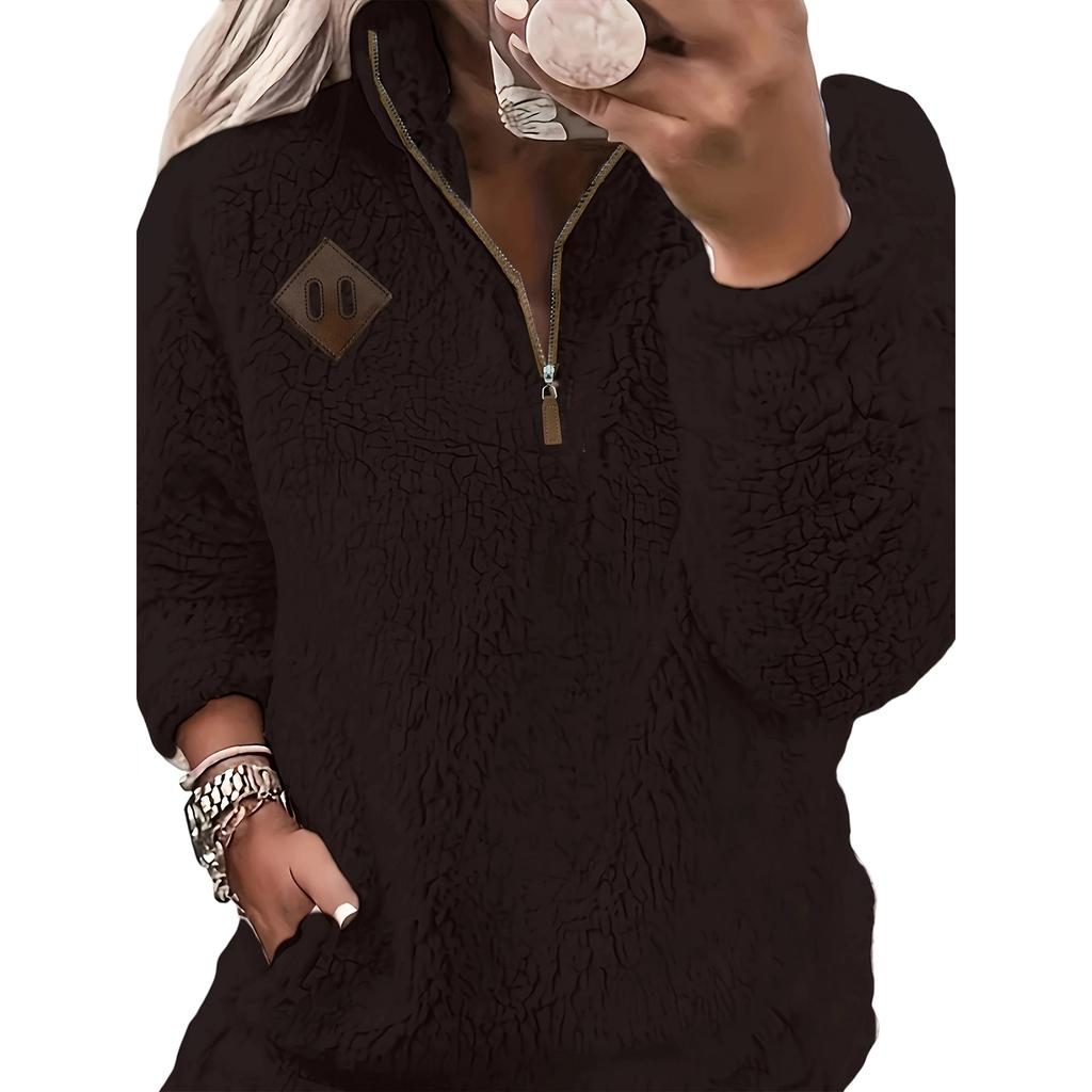 Ladies' Fashionable And Comfortable Half Zipper Solid Color Long Sleeved Casual Top