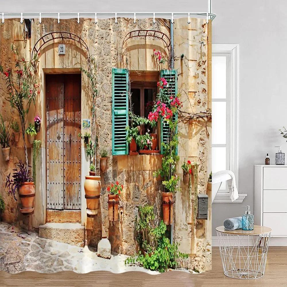 Vintage European Style Street View Shower Curtain Street View Old Stone Wall Plant Bathroom Curtain Bath Decoration
