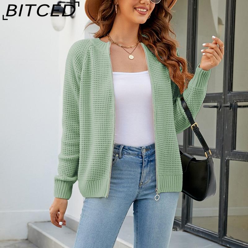 BITCED Autumn/Winter Women's Solid Colour Zip-Up O-Neck Knitted Cardigan