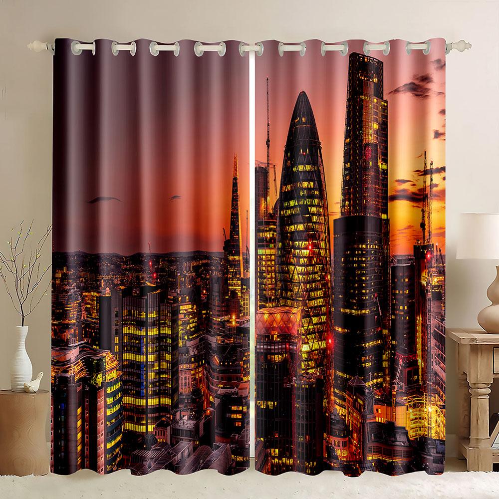 2pcs Prosperous Night City Architecture Scenery Printing Window Curtain for Bedroom, Living Room, Kitchen, Dining Room