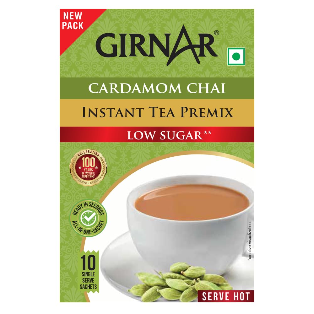 Girnar Instant Cardamom Tea Premix Low Sugar 10 Sachets Assam Caffeine Free Refreshing Beverage