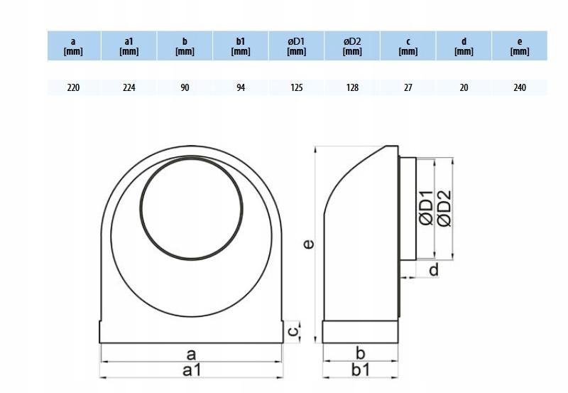 Fixed Flat Ventilation Elbow Connecting Channel 220X90Mm With Fi125 Vents