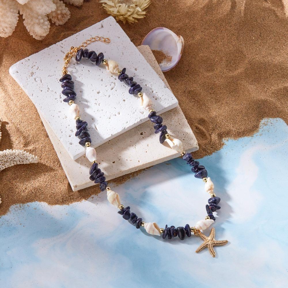 Bohemian Style Starfish Pendant Necklace Colorful Irregular Stone Choker  Summer Beach