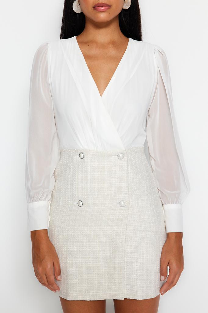 Women's Fashion Casual Standard Sleeve Mini Navy Blue Collar Detailed Lined Chiffon Woven Dress