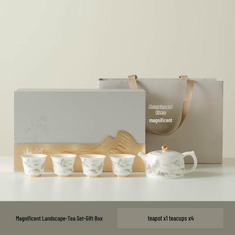 

Ручная роспись Фарфоровый чайный набор из жадеита цвета бараньего жира Xiangyu - Великолепный пейзаж