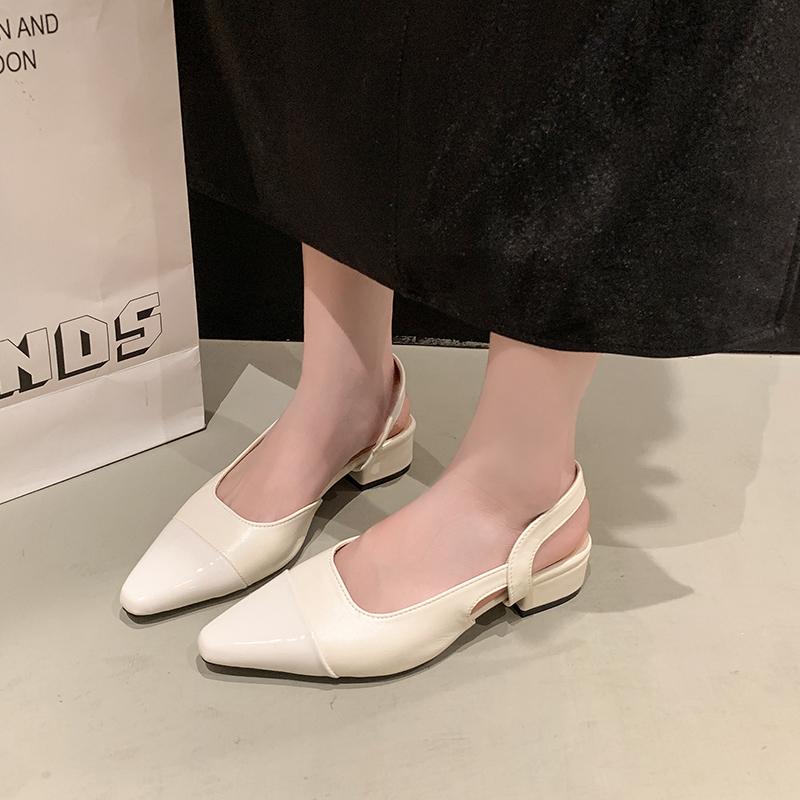 Mode Lage Hak Baotou Sandalen Dames Frans Nude Kleur Puntig Kleine Geurige Stijl Dames Dikke Hakken Achter Lucht Stijl Enkele Schoenen