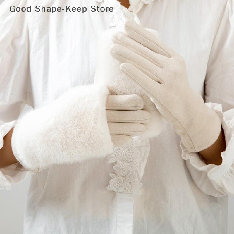Thickened Suede Gloves For Women Cold Weather Winter Warm Gloves With Rabbit Faux Fur Can Detachable Thermal Lining Party Gloves