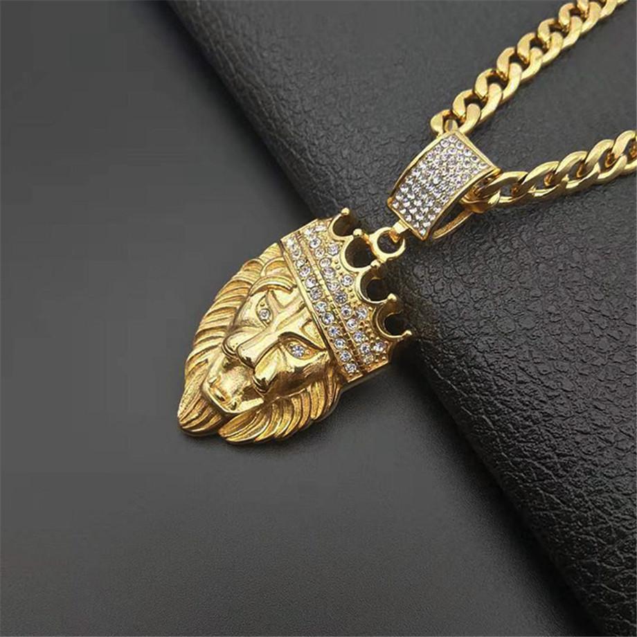 Edelstahl Löwenkopf Anhänger Iced Out Bling Krone Gold Tier Löwe Halskette Für Männer/Frauen Hip Hop Schmuck Dropship