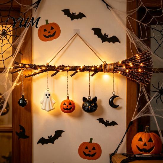 Thanksgiving Front Door Sign Halloween Witch Broom Wall Decor with LED Light, Fall Pumpkin Ghost Cat, Glowing Rustic Porch Ornament for Home