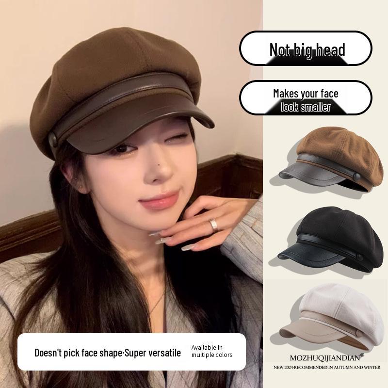 Novo Boina Octogonal Feminina 2025 – Preto, Ajuste para Cabeça Grande, Tendência Artística Outono/Inverno, Estilo Pintor de Rosto Pequeno