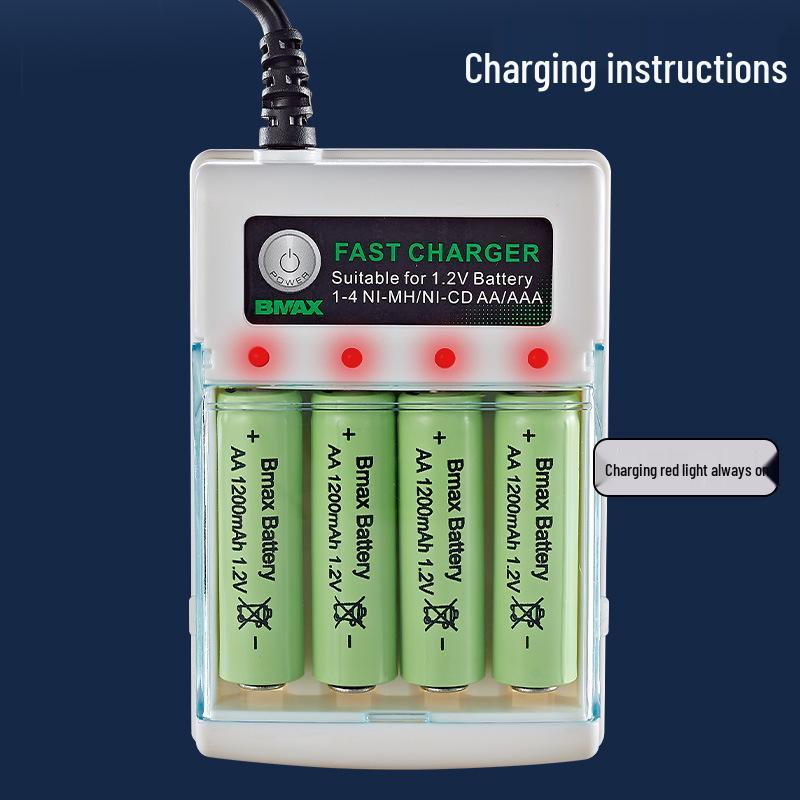 4-Slot AA/AAA Ni-MH/Ni-Cd Battery Charger with Independent 1.2V Charging Base and Flat AC Plug