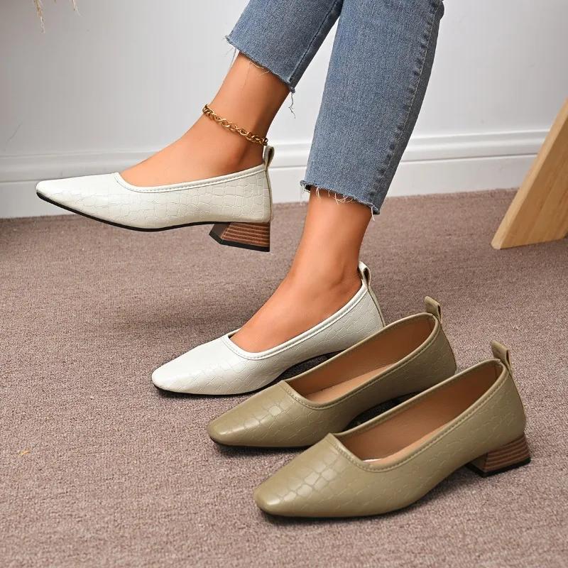 Shallow Women Low Heels Shoes 2025 New Brand Trend Elegant Square Toe Pumps Leather Mature Office Dress
