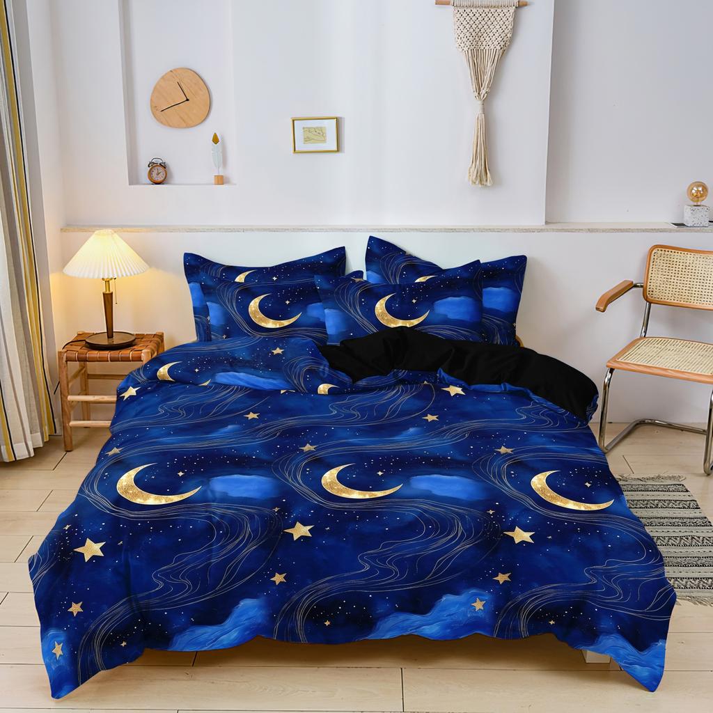 3 Pieces Dark Blue Galaxy Golden Moon Star Print Duvet Cover Set, Night Sky Gold Swirl Star Celestial Printed Bedding