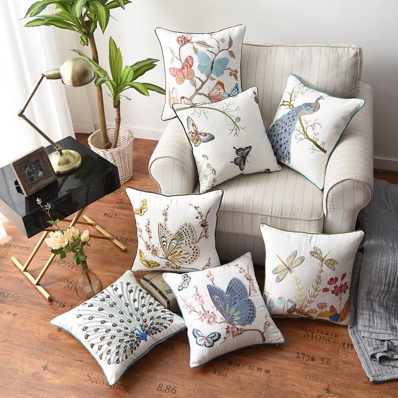 Butterfly Cushion Cover 45x45cm Floral Country Style Pillow Cover Cotton Embroidery Suqare Home Decoration for Living Room