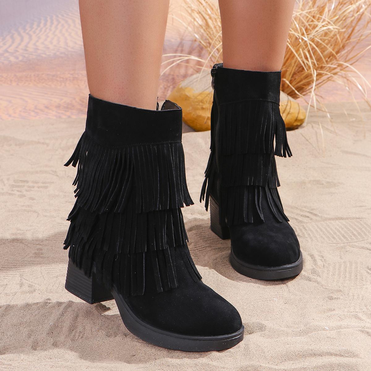 

Sexy Suede Black Tassels Riding Boots Women 2025 Winter Side Zipper High Heel Western Cowboy Boots Solid Black Shoes 41 чёрный