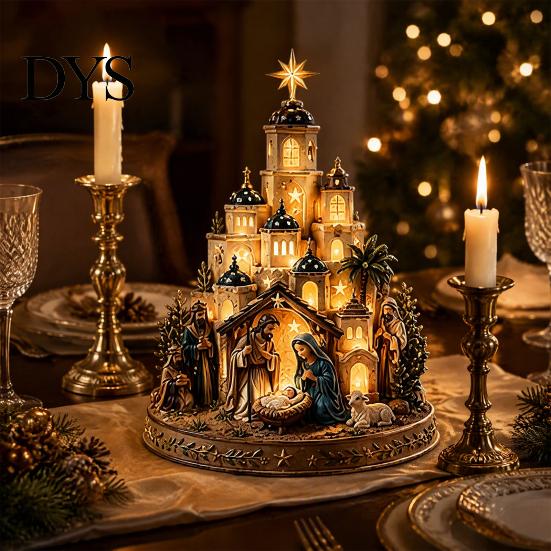 Warm Light Church Decor Bethlehem Nativity Tower, Lighted Christmas Village Scene with Star Glowing Ornament Tower & Figurine, Christian Religious