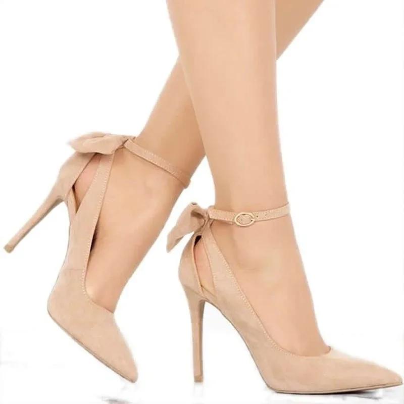 Women's High Heels Bow Tie Back Sexy Stiletto Pumps Pointed Toe Bowknot 11cm Sexy Ankle Strap High Heeled Female Wedding Shoes