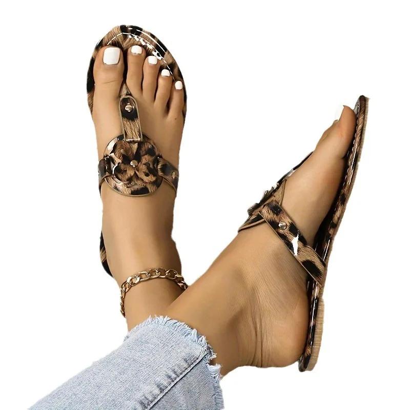 Fashion Flip Flops Summer New Casual Large Size Leopard Print Women's Flat Beach Flip Flops Sandals