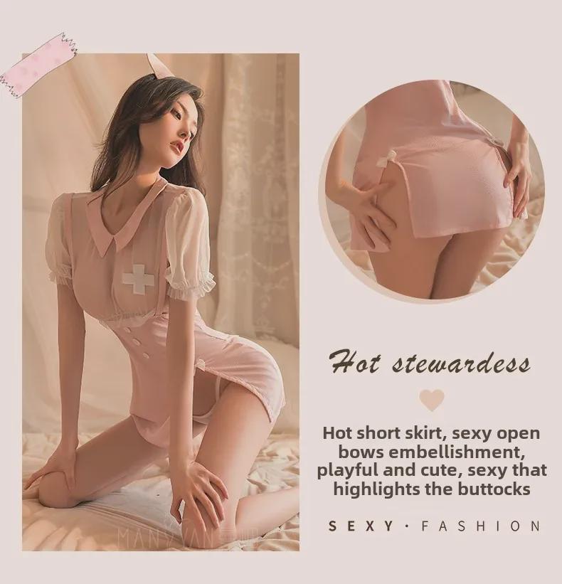 Lenjerie transparentă sexy Fusta cu fante din fire moale Set uniforme de asistentă 9040