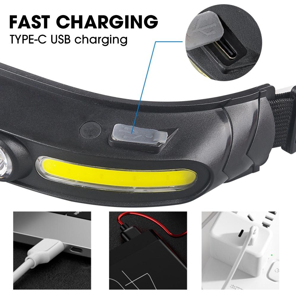 COB Headlamp 5 Modes Camping Wide Range Lamp Working Head Torch, Lightweight Portable Headlight Outdoor USB Rechargeable