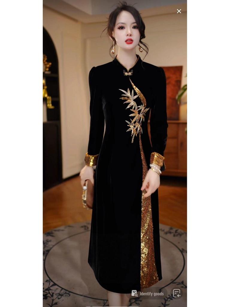 Elegant Winter 2026 Chinese Velvet Qipao Dress - Slimming Mid-Length Skirt