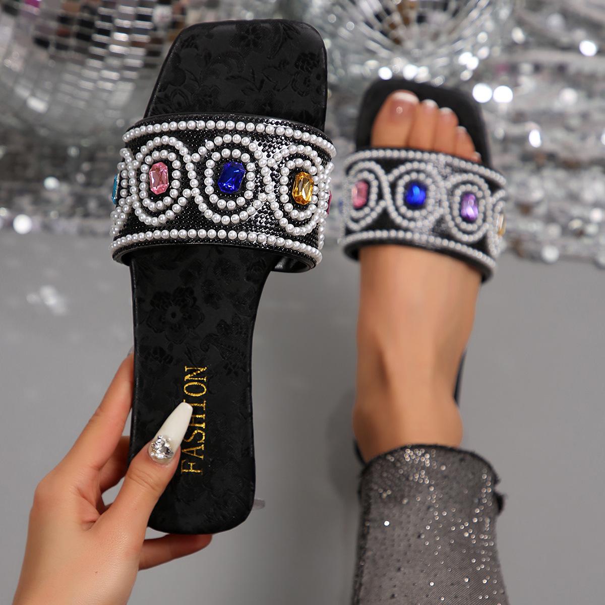 Foreign trade large size colored rhinestone slippers women s 2025 summer new square head flat bottom one word casual beach cool slippers 35