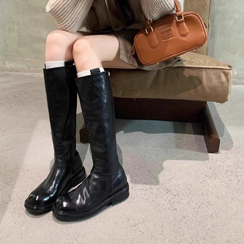 Cowhide Version~ Retro Pleated Thick-soled Long Knight Boots Women's Thin Leather High Boots