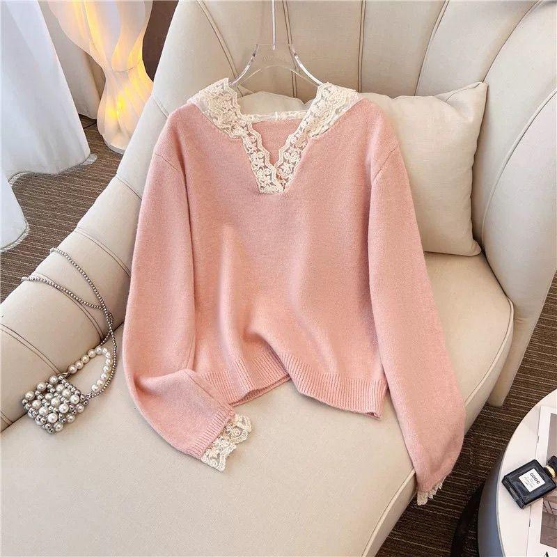 Lace Hooded Women's Knitted Sweaters Korean Loose V-neck Female Knitted Sweater Autumn Fashion Gentle Ladies Hoodie
