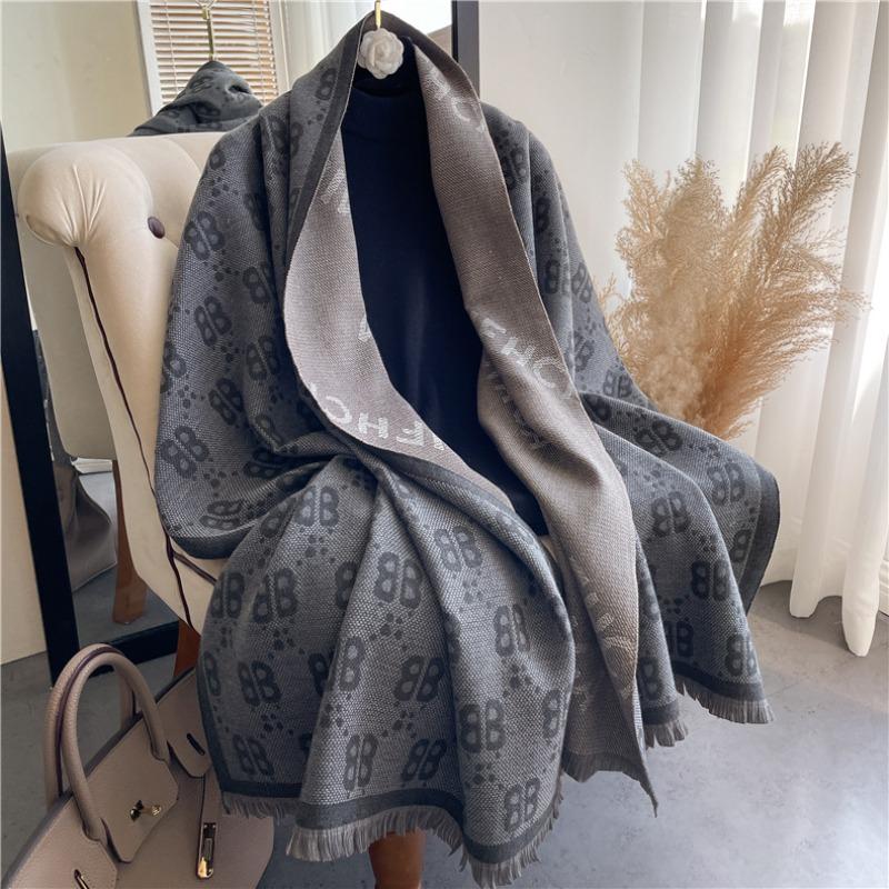 Recommended Letter Scarf Women's Autumn and Winter with Imitation Cashmere Shawl Dual-purpose Warm Double-sided Fringed Scarf