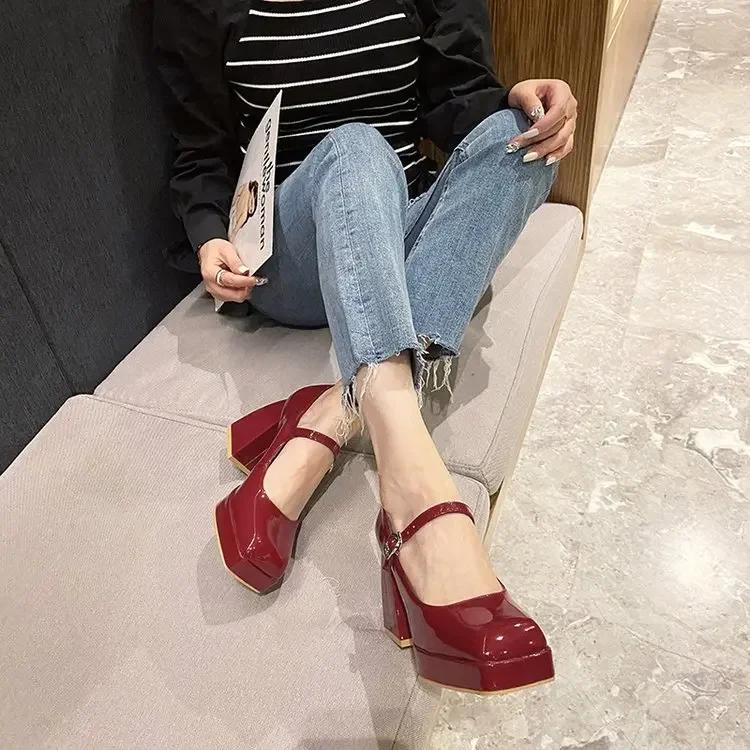 Fashion Platform Pumps Women's 2025 Square Toe Thick Heels Mary Janes Women's Patent High Heels Party Shoes Square Toe Square Heel