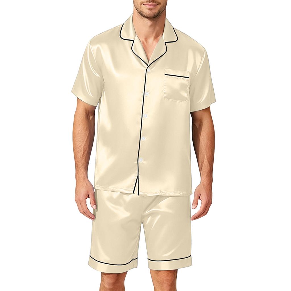 Conjunto de Pijama Satinado de Manga Corta para Hombre con Pantalones Cortos, 2 Piezas, con Bolsillo