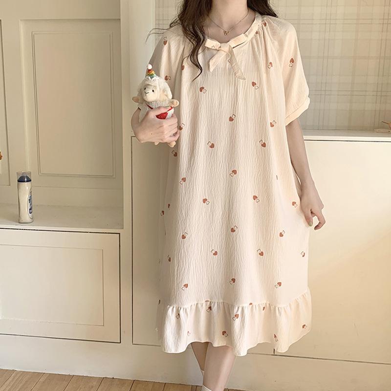 Sweet nightdress ladies cloud cotton summer loose short sleeve dress medium long princess style cute lace pajamas