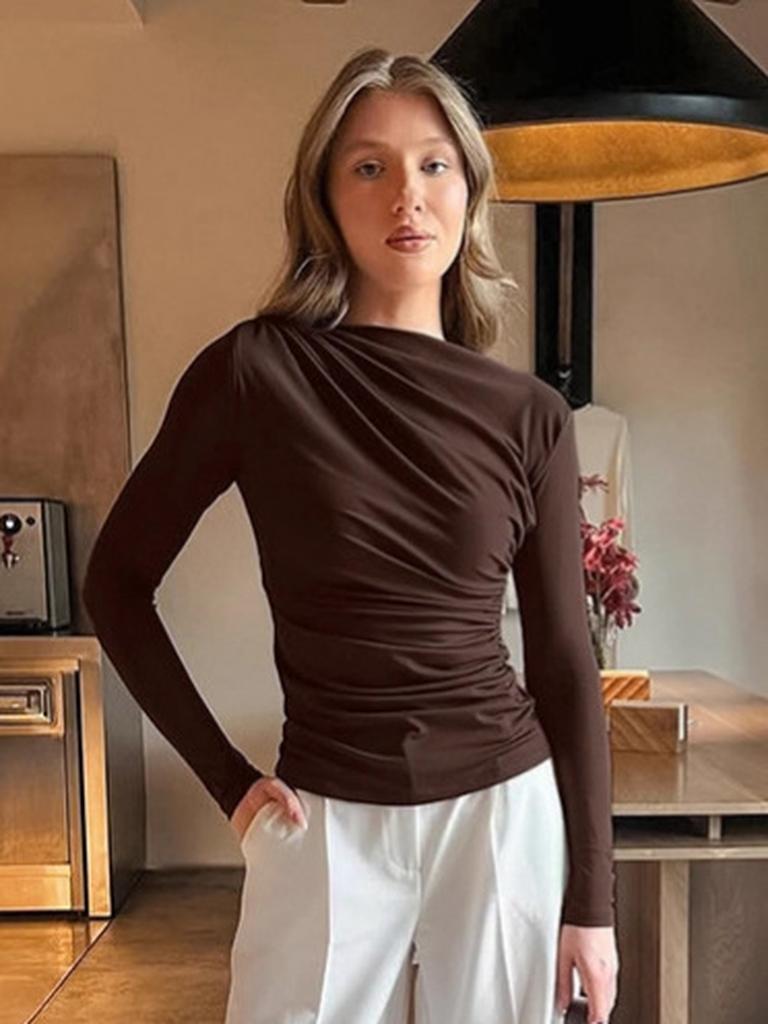 French Retro Brown Round Neck Cami Top Women's Fall Winter Bodycon Slim Fit Long Sleeve T-Shirt