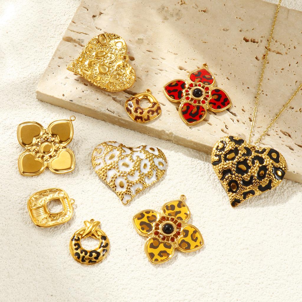 1 Piece 304 Stainless Steel Charms Heart Flower Leopard Print Geometric 18K Gold Plated Pendant For DIY Necklace Jewelry Making