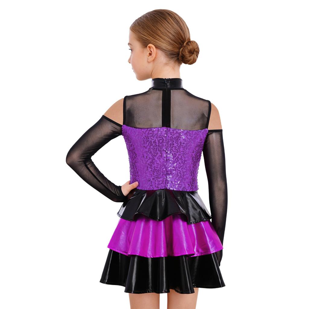 Vestido de Menina Brilhante com Lantejoulas em Camadas e Babados Ombro a Ombro Manga Longa Gola Alta Roupa de Jazz