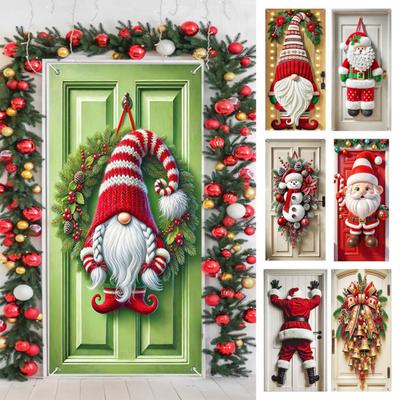 Weihnachts-Türabdeckung Lustiger Weihnachtsmann/Gnom/Schneemann/Kranz Hängender Hintergrund Türbanner 70" x 35" Winter Verandazeichen für Zuhause Hof Wanddeko