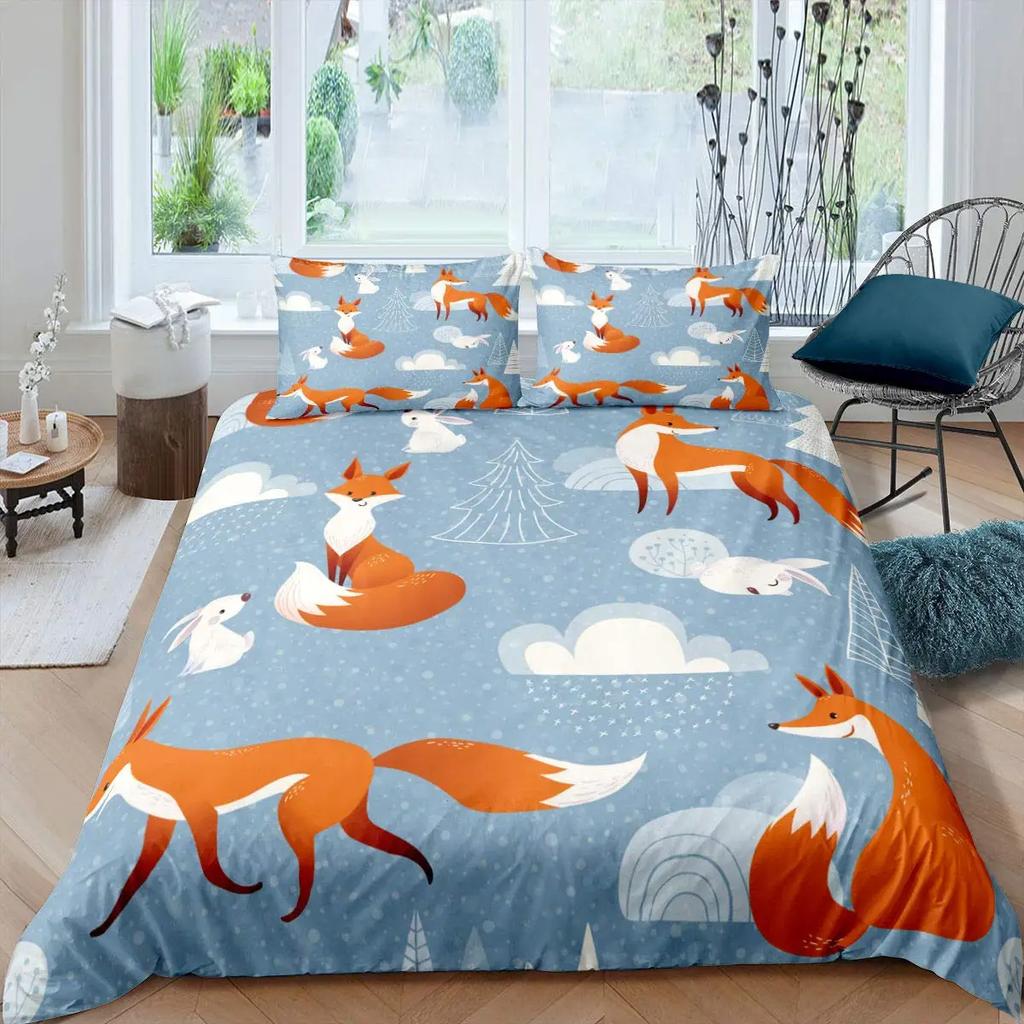Comforter Cute Forest Animals Theme S King Size Fox Deer Rabbit Owl Hedgehog Flowers Comforter Set 2/3Pcs Bedding Set