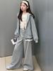 Girls' Plaid Lace Patchwork Hooded Jacket & Wide-Leg Pants Set - Autumn 2026 Korean Style for Kids